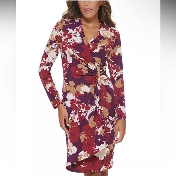 NWOT Calvin Kleins Sz 22 Women’s Floral Gold Stone Faux-Wrap Midi Dress Ret $139 - Picture 4 of 15